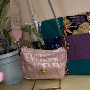 Versace Blush Pink Logo Jacquard Crossbody Bag with Gold Medallion